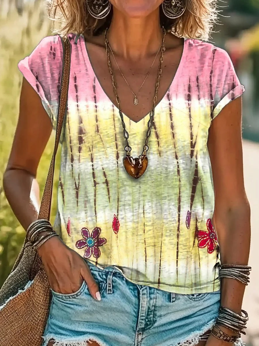 Vintage Kaleidoscope Tie Dye Print 100%Cotton V-neck T-Shirt