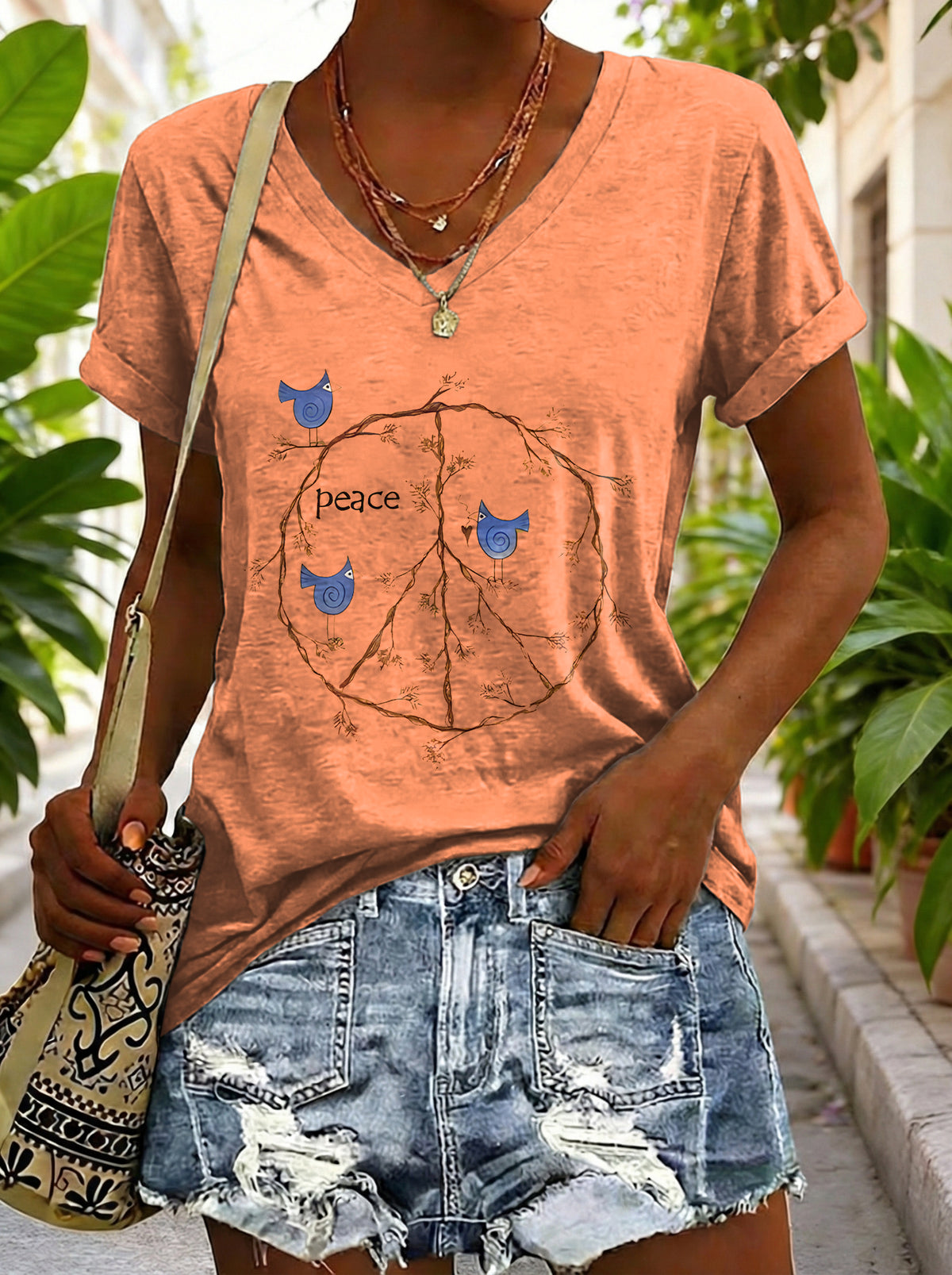 Women's Vintage Yellow Peace Sign Bird Hippie Art Print Casual V-neck Cotton T-shirt