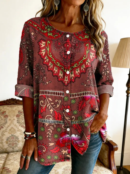 Women's Ethnic Floral Art Print Cotton Denim Hollow-Out Shirt