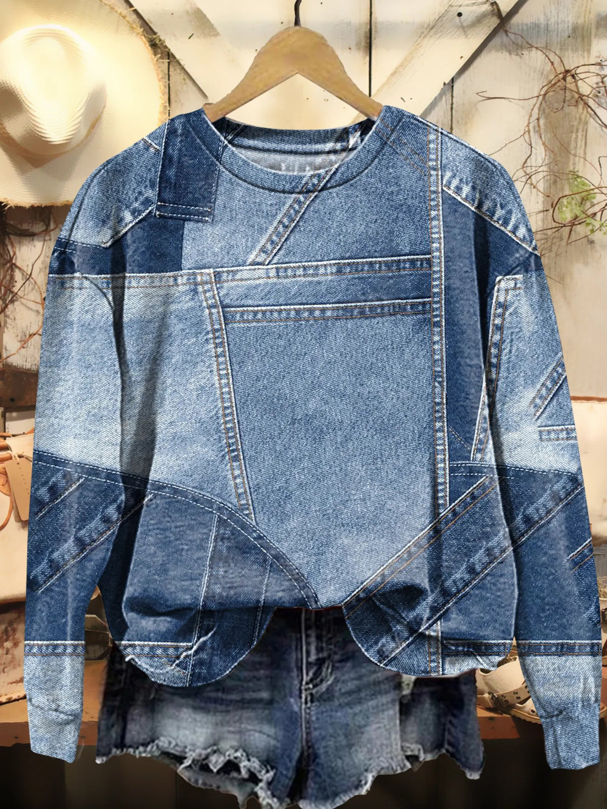Women's Denim-Print Patchwork Artistic Print Pocket Cotton Dress
