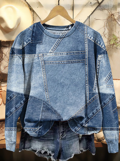 Women's Denim-Print Patchwork Artistic Print Pocket Cotton Dress