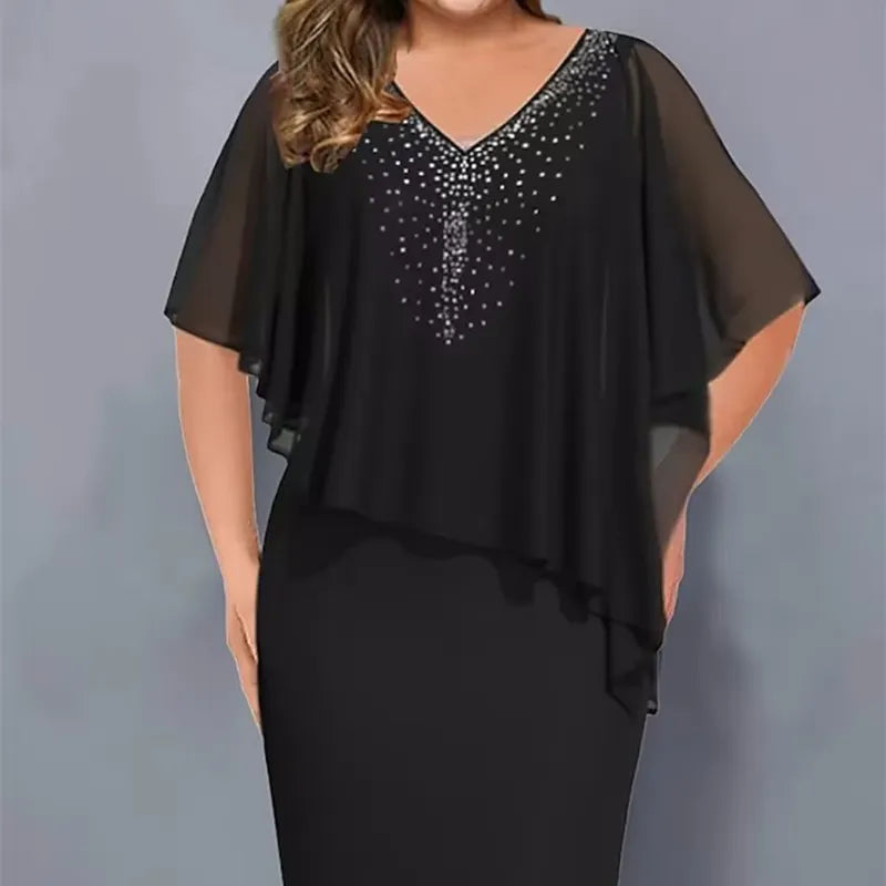 Lirienne - Premium Rhinestone V-Neck Midi Dress