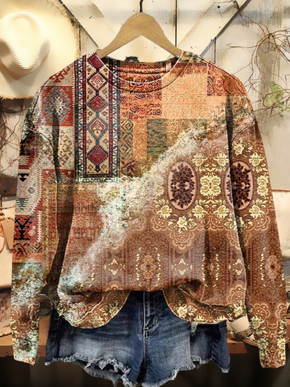 Women's Vintage Bohemian Art Print Casual Long-Sleeve V-Neck Cotton Dress