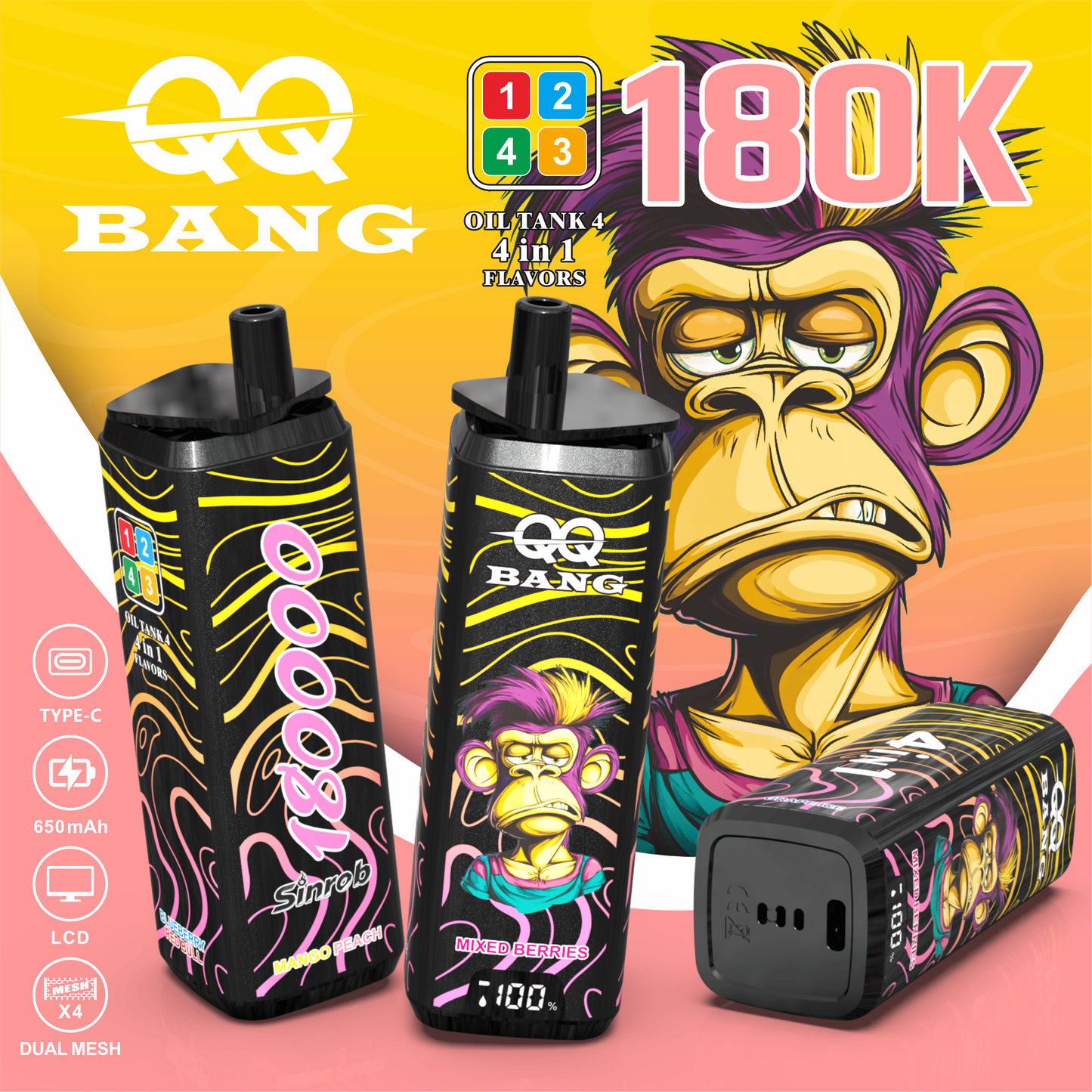 QQ Bang 180000 180K Puffs 4 In 1 Flavors LCD Display Rechargeable Disposable Vape