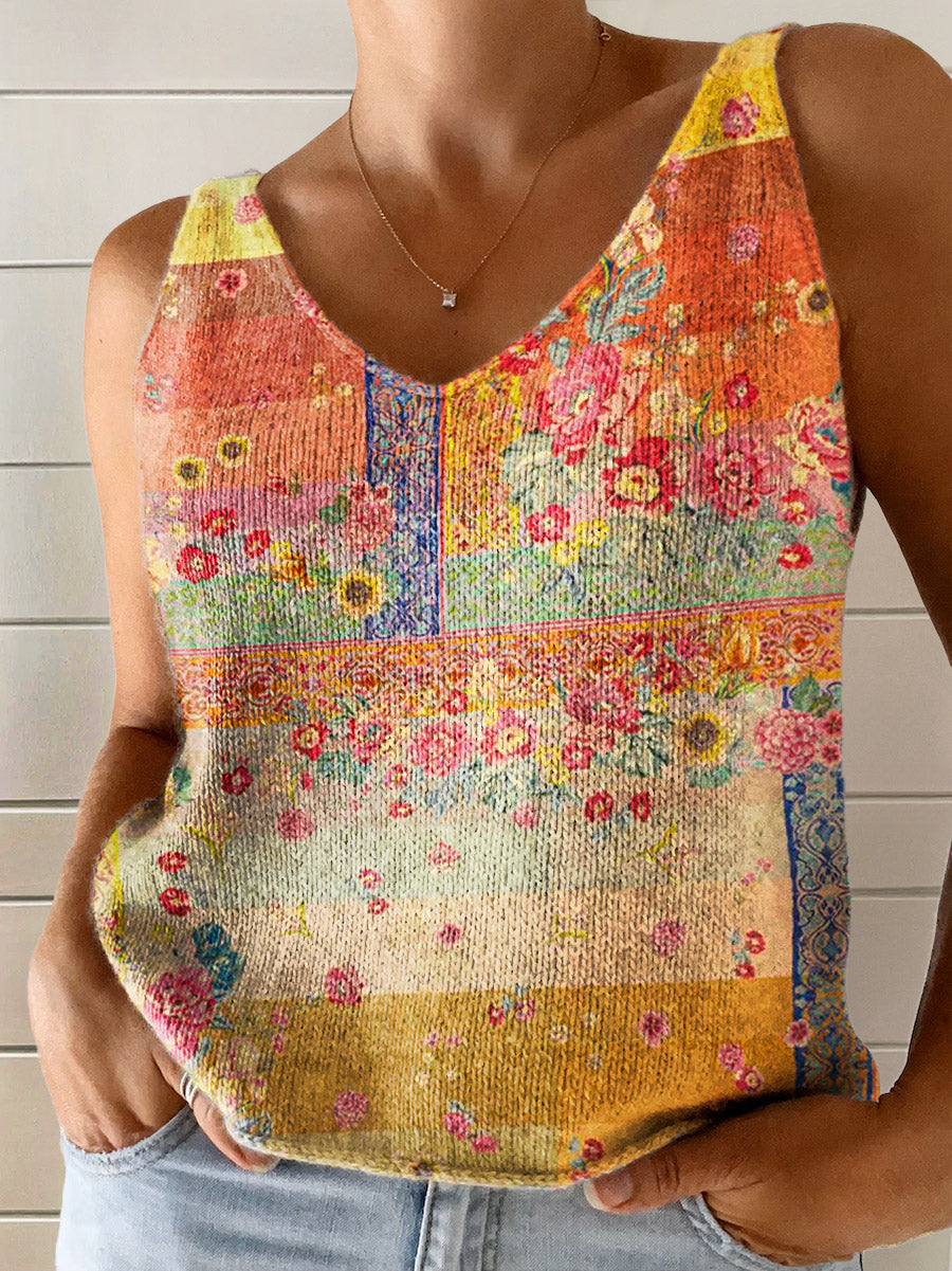Women's Vintage Floral Embellished Pattern Art Print Casual V-Neck Knit Cami Tank Top
