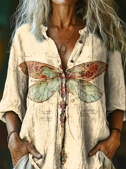 Women's Dragonfly Pattern Art Print Casual Short Sleeve Comfortable Cotton Shirt