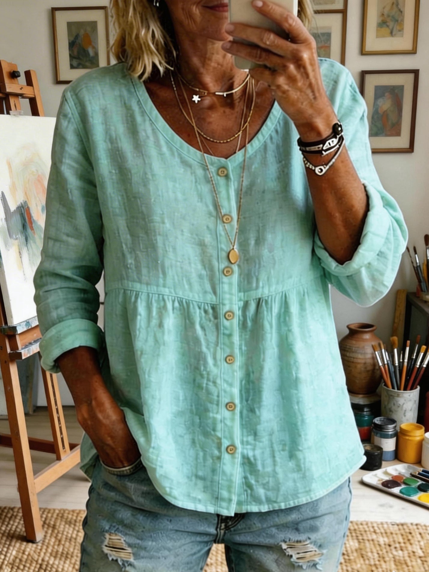 Women's Casual Long-sleeved Cotton Linen Shirt