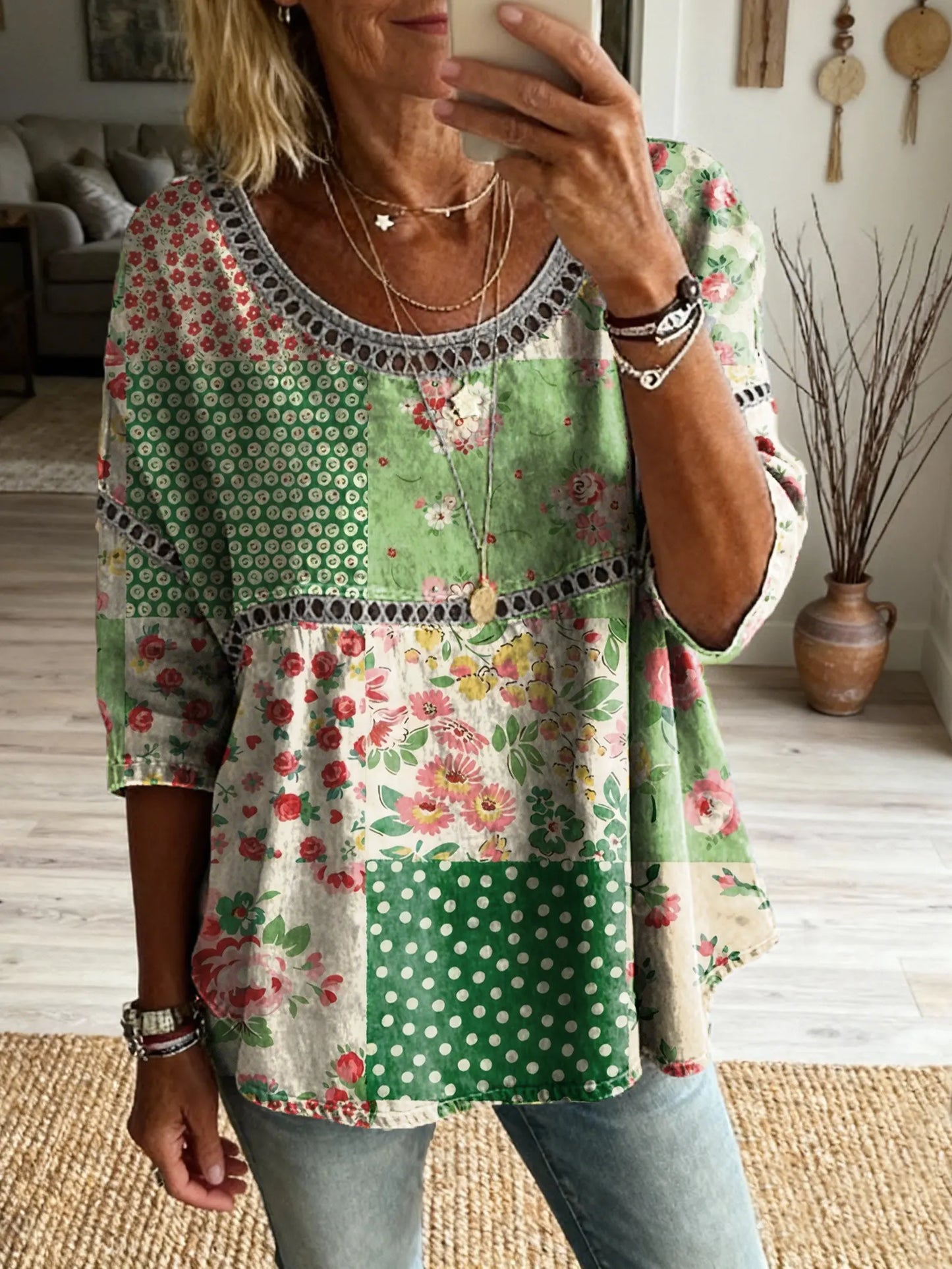 Women's Vintage Patchwork Floral Art Print Casual Round Neck Cutout Top