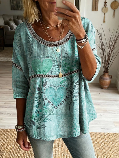 Women's Bohemian Floral Heart Art Print Casual Round Neck Hollow Out Top