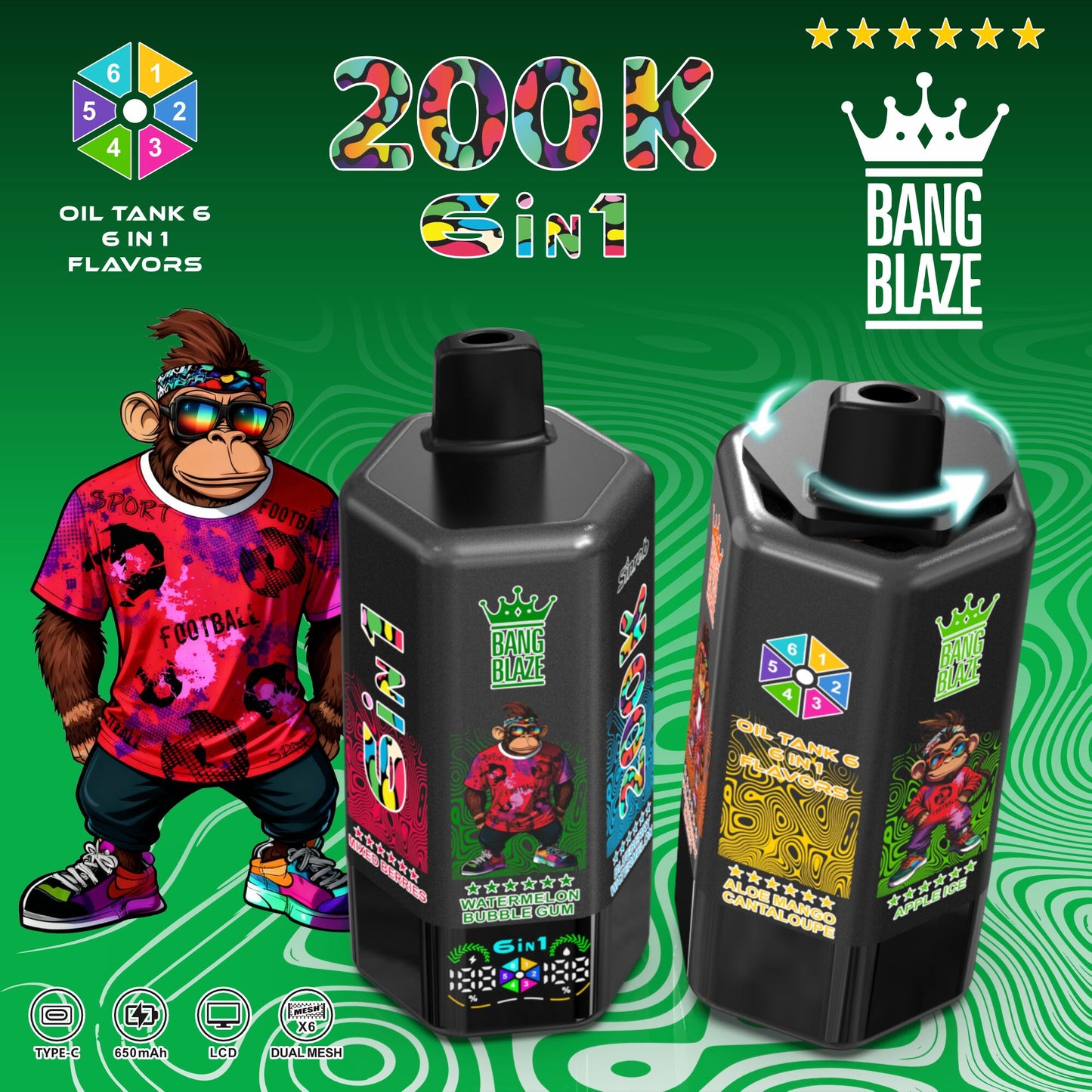 Bang Blaze 200000 200K Puffs 6 in 1 Flavors &  6 oil tanks Rechargeable LCD Display Disposable Vape