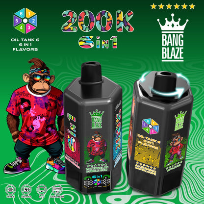 Bang Blaze 200000 200K Puffs 6 in 1 Flavors &  6 oil tanks Rechargeable LCD Display Disposable Vape