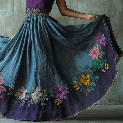 Vintage Floral Embroidered Pattern Art Linen Blend Skirt