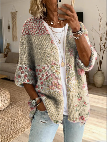 Women's Vintage Patchwork Floral Art Print Casual Cardigan Sweater