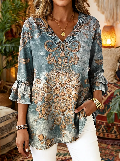 Vintage Ethnicity Totem Flowers  Women's Art Print Casual V-neck Ruffled Washed Cotton Denim Top