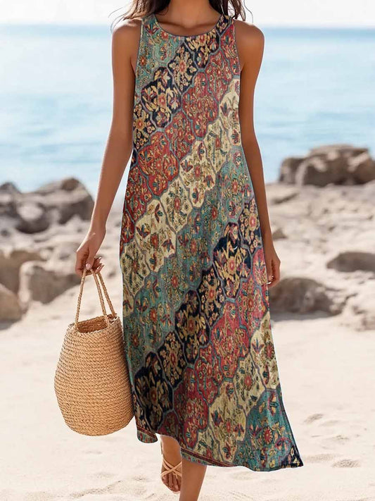Women's Bohemian Ethnic Totem Art Print Sleeveless Cotton Pocket Dress