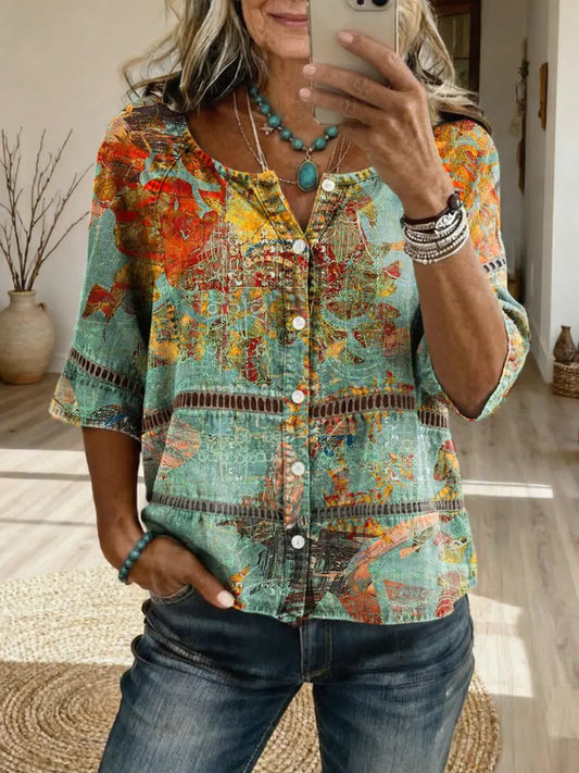 Women's Retro-Patterned Artistic Print Casual Cutout Top
