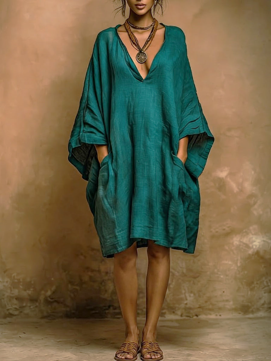 Valenne - Loose Fit V Neck Midi Dress