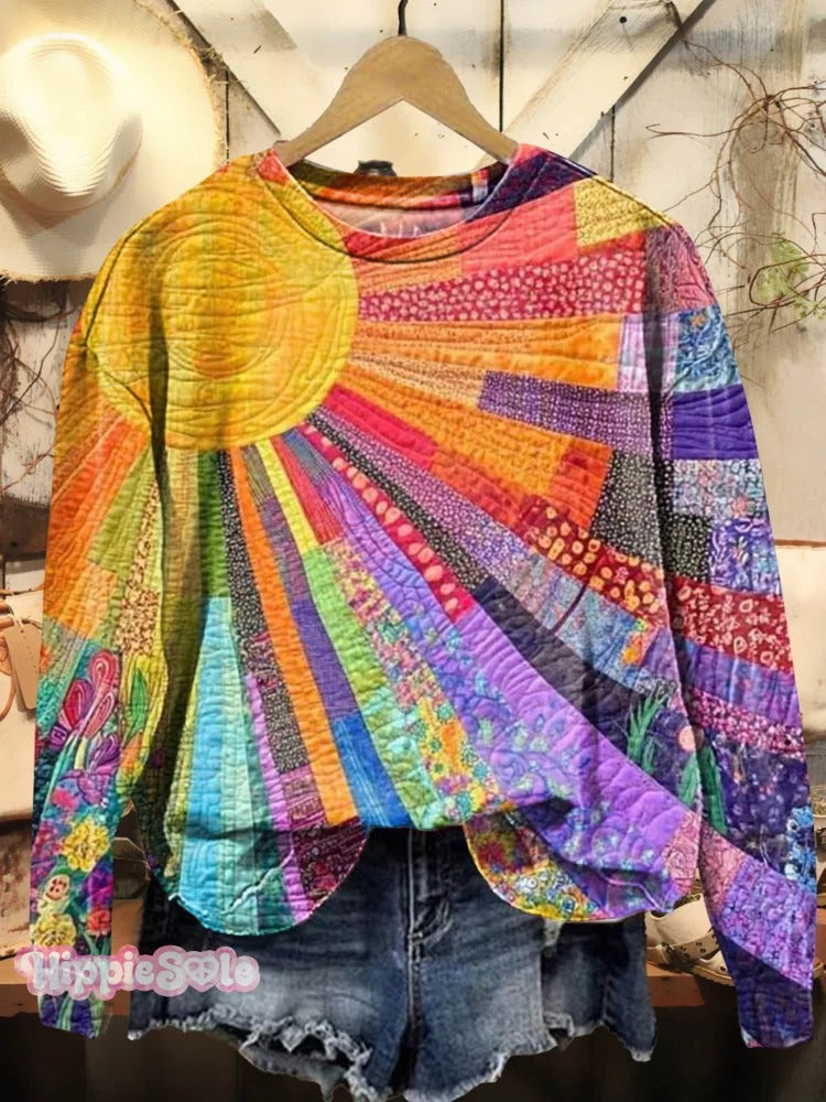 Vintage Sun Patchwork Women's Art Print Casual Long Sleeve Shirt Denim Coat