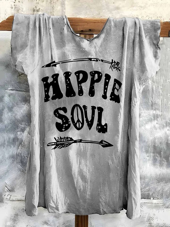 Letter Short Sleeve Crew Neck Boho Dress
