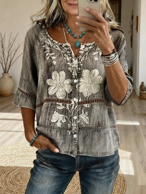 Women's Retro Textured Floral Art Print Casual Hollow-Out Top