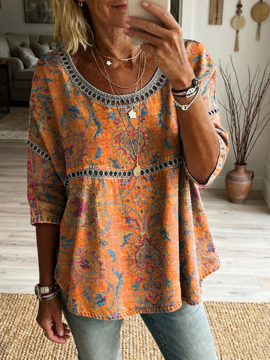 Ethnicity Totem Women's Vintage Art Print Casual Round Neck Cutout Top