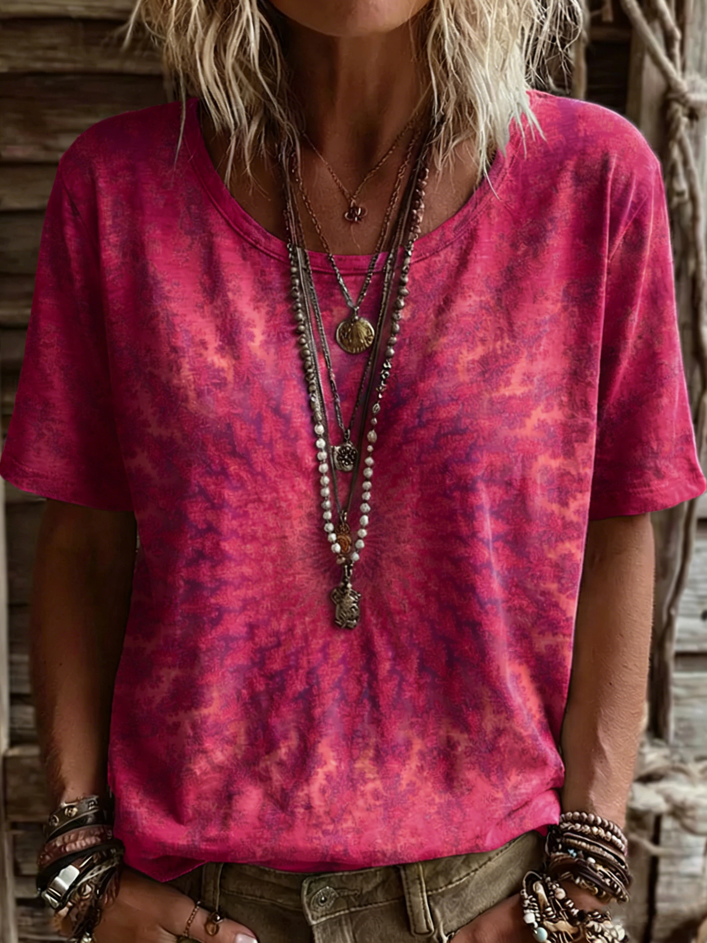 Women's Vintage Ethnic Pink Mandala Art Printed Casual Round Neck Short Sleeve Cotton T-shirt