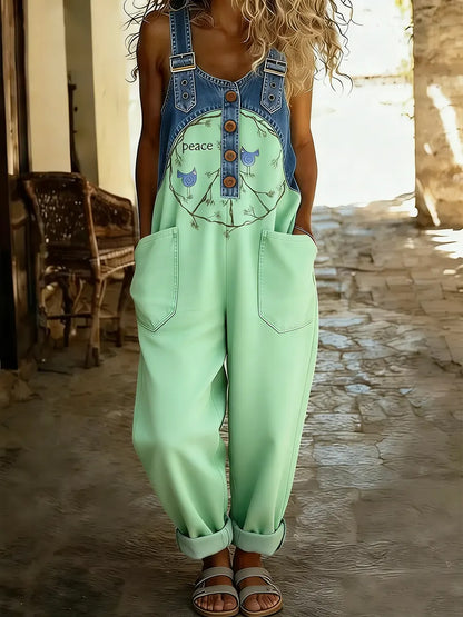 Women's Hippie Peace Bird Art Print Patchwork Denim Overalls