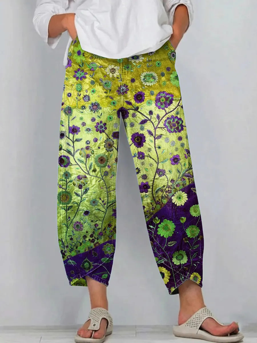 Women's Vintage Floral Art Print Jeans-1