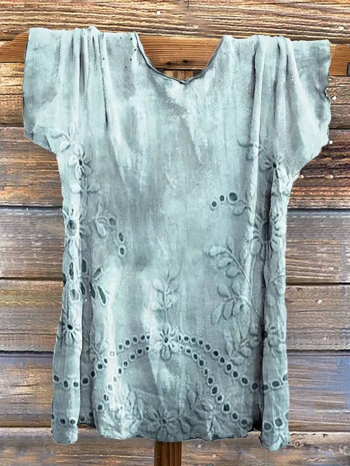 Women's Vintage Floral Texture Patterns Print V-neck Casual T-Shirt