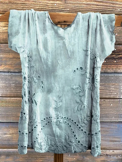 Women's Vintage Floral Texture Patterns Print V-neck Casual T-Shirt