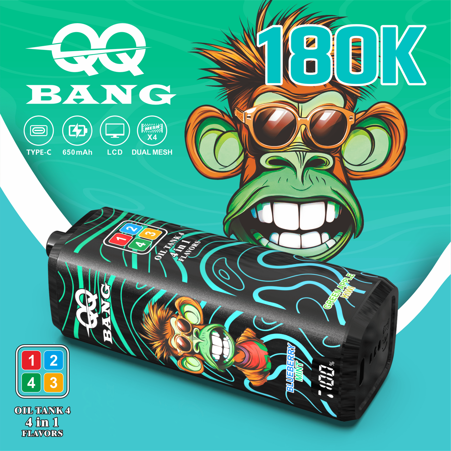 QQ Bang 180000 180K Puffs 4 In 1 Flavors LCD Display Rechargeable Disposable Vape