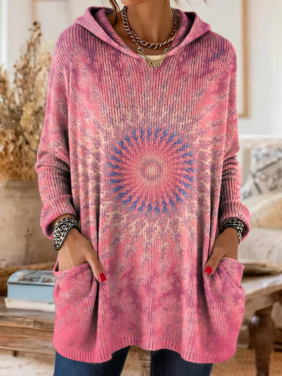 Women's Tie-Dye Mandala Pattern Art Print Casual Knit Hoodie with Pockets