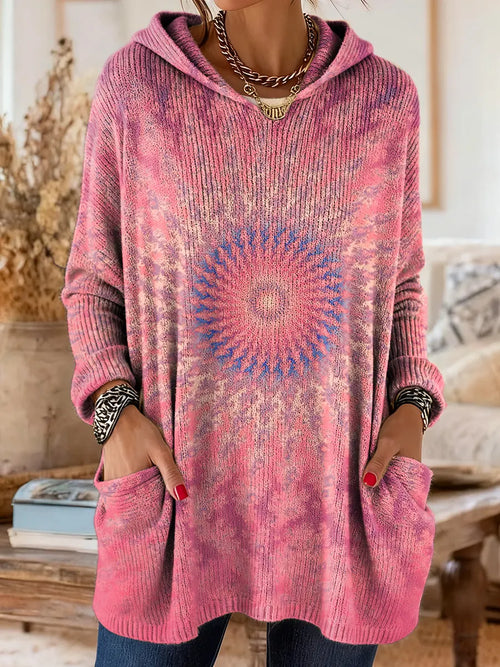 Women's Tie-Dye Mandala Pattern Art Print Casual Knit Hoodie with Pockets
