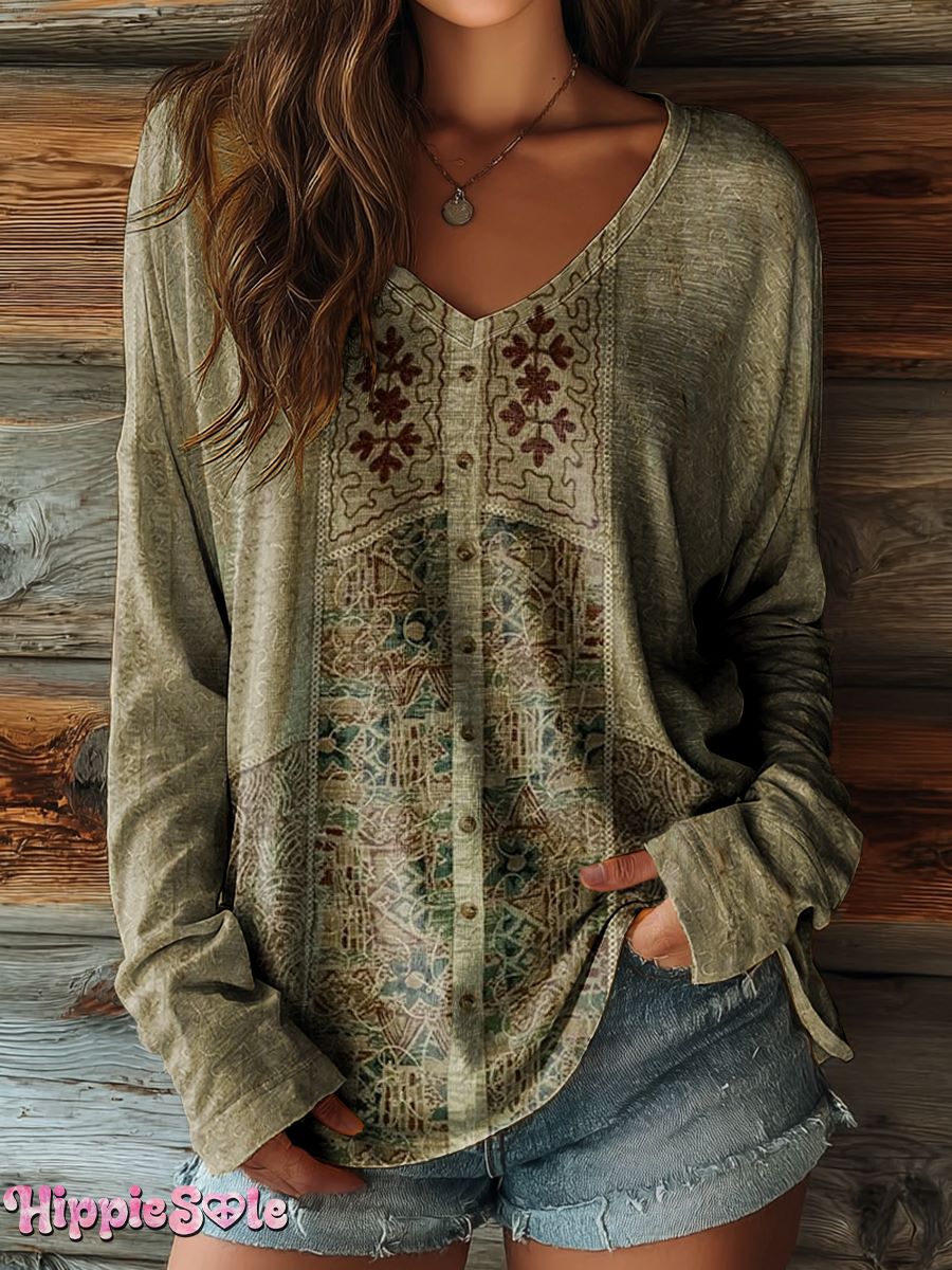 Women's Retro Ethnic Pattern Artistic Print Casual V-Neck Long-Sleeved T-Shirt