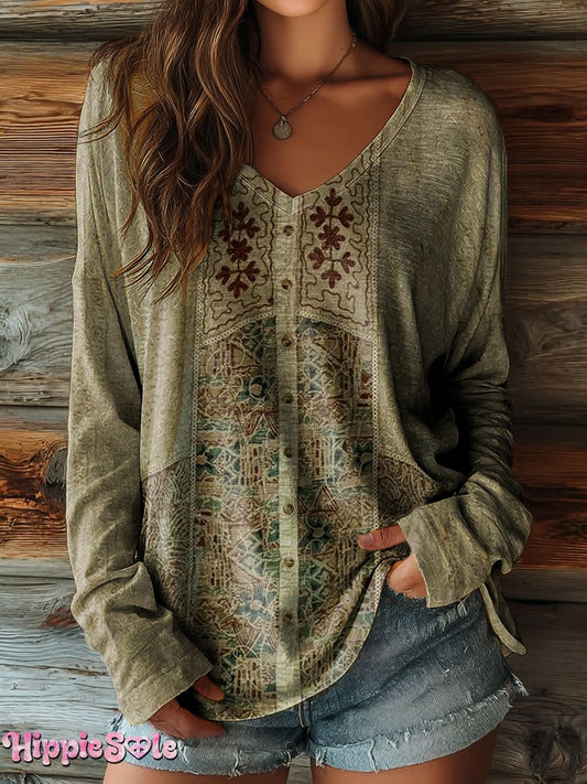 Women's Retro Ethnic Pattern Artistic Print Casual V-Neck Long-Sleeved T-Shirt