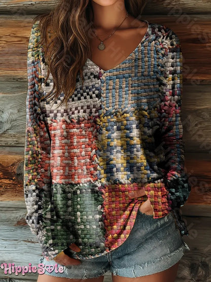 Women's Bohemian Woven Pattern Art Pattern Print Casual Crew Neck Sweatshirt