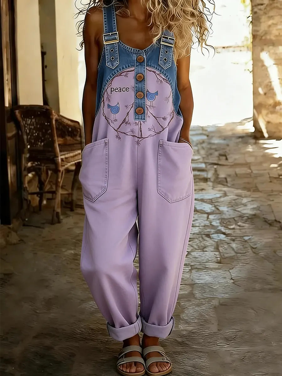 Women's Hippie Peace Bird Art Print Patchwork Denim Overalls