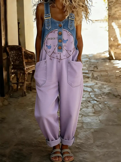 Women's Hippie Peace Bird Art Print Patchwork Denim Overalls