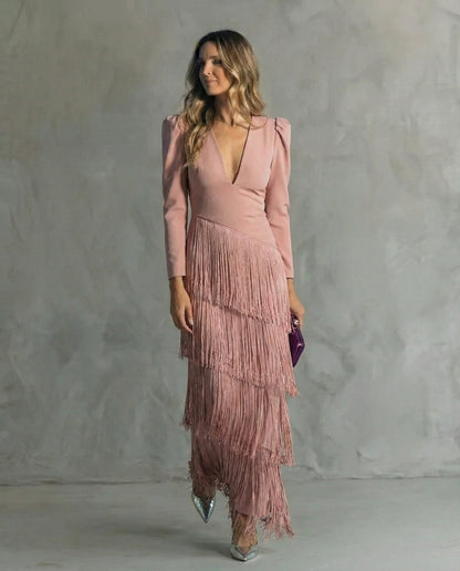 Serenva - Elegant Fringe-Sleeve Midi Dress