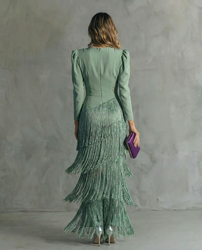 Serenva - Elegant Fringe-Sleeve Midi Dress