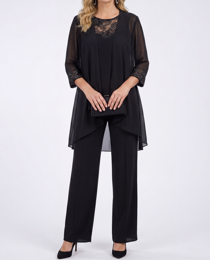 Aeliana - Elegant Three-Piece Jacket & Wide-Leg Trouser Set
