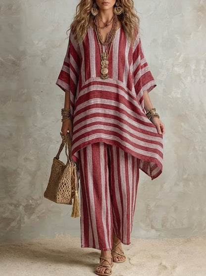 Elliotte - Striped Tunic and Wide Leg Trousers Set