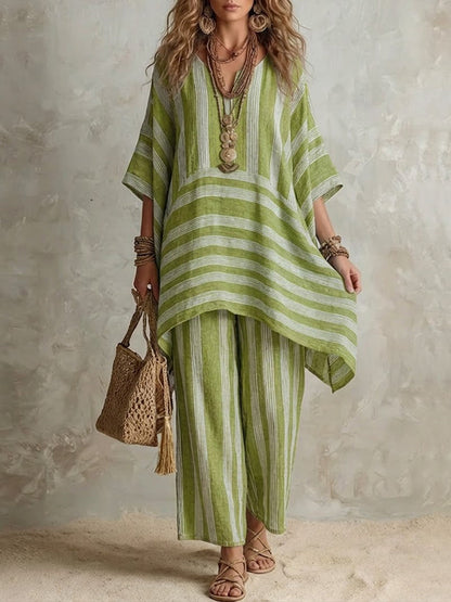 Elliotte - Striped Tunic and Wide Leg Trousers Set