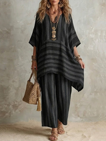 Elliotte - Striped Tunic and Wide Leg Trousers Set