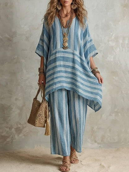 Elliotte - Striped Tunic and Wide Leg Trousers Set