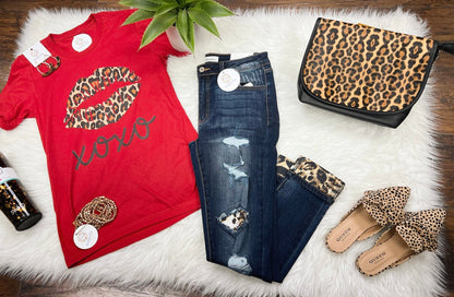 Red XOXO Leopard Lips Tee