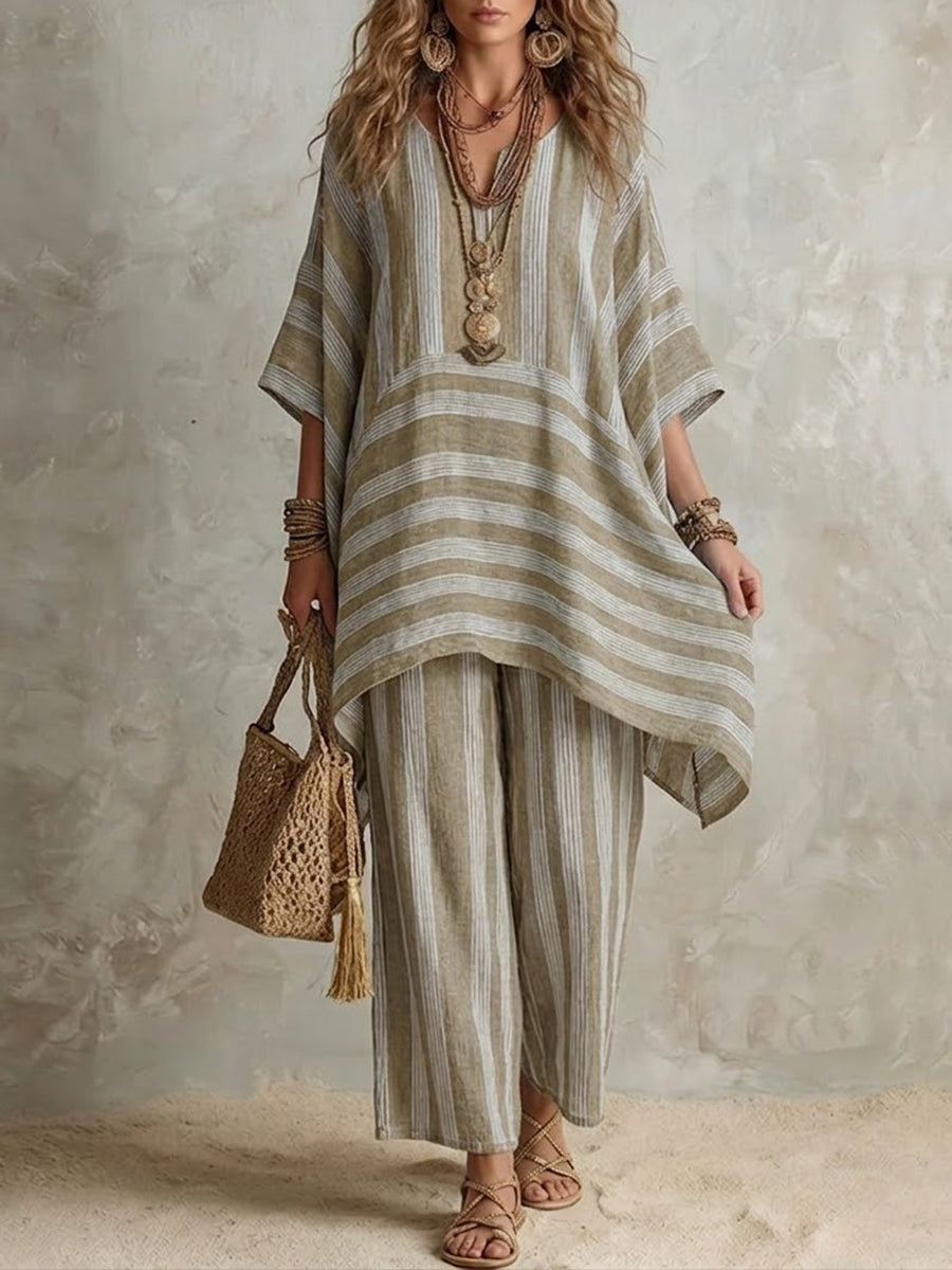 Elliotte - Striped Tunic and Wide Leg Trousers Set
