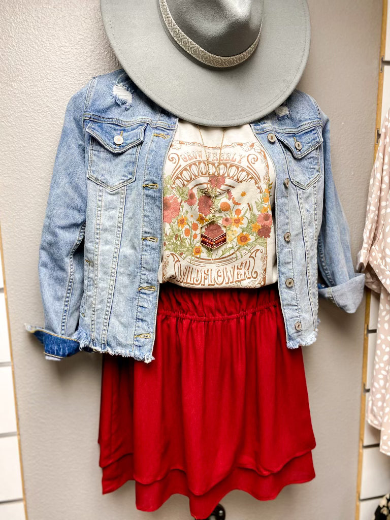 Red Solid Tiered Ruffle Skirt