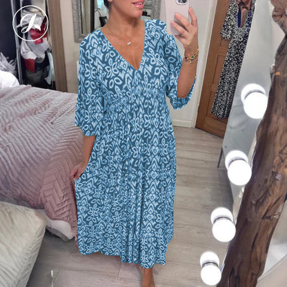 💖LAST DAY SALE 50% OFF💖Bohemian casual print V-neck waist wrap long dress