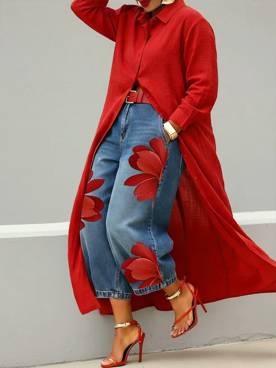 Rhona - Button Down Shirt and Printed Jeans Set